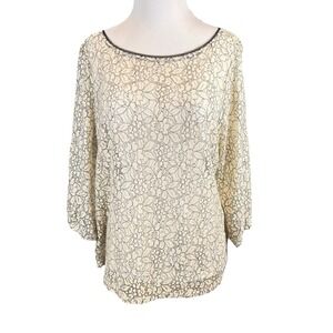 LOFT Cream Floral Lace Button Back‎ Blouse Romantic Feminine Top Large